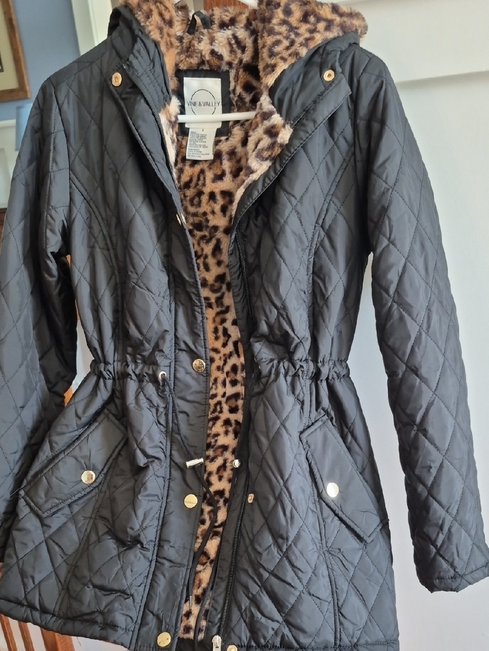 Vine & Valley Black Quilted Utility Jacket with Leopard Faux-Fur Lining